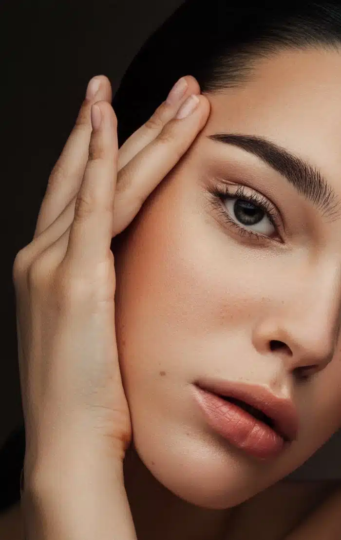 Photo rapprochee du visage d une femme posant sa main sur sa joue Botox | Dr Christophe Reinbold Lyon